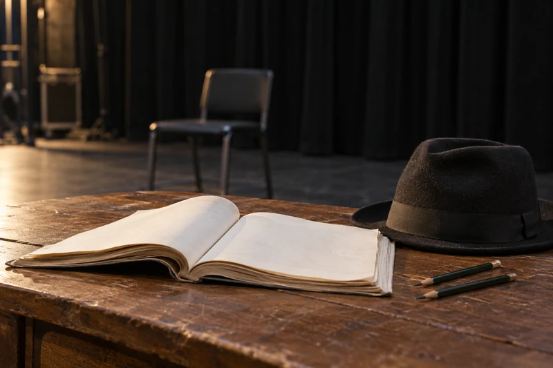 Libro abierto, sombrero y lápices sobre una mesa de ensayo teatral.