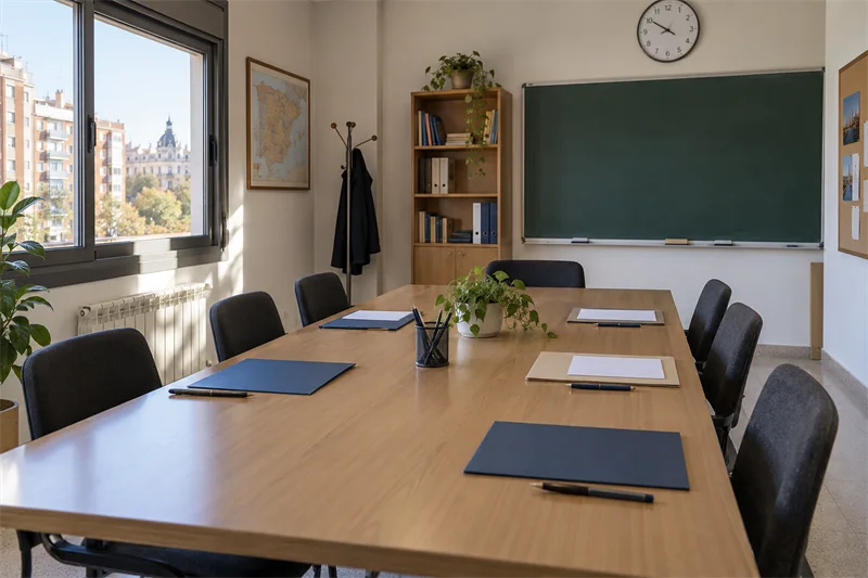 Sala de reuniones de un centro educativo con una mesa preparada con carpetas en blanco y sillas vacías.