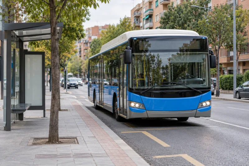 Autobús urbano azul y blanco se aproxima a una parada con marquesina en una calle arbolada y residencial.