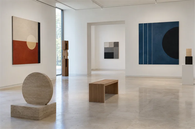 Sala de arte contemporáneo con cuadros geométricos en tonos tierra, azul oscuro y gris, junto a esculturas de madera y piedra.