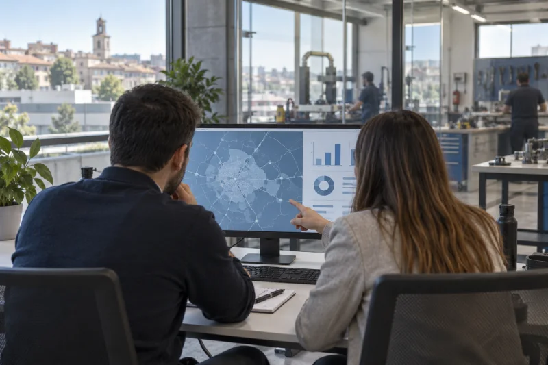 Dos profesionales anónimos revisan un mapa digital y gráficos en un espacio de innovación con un taller al fondo.
