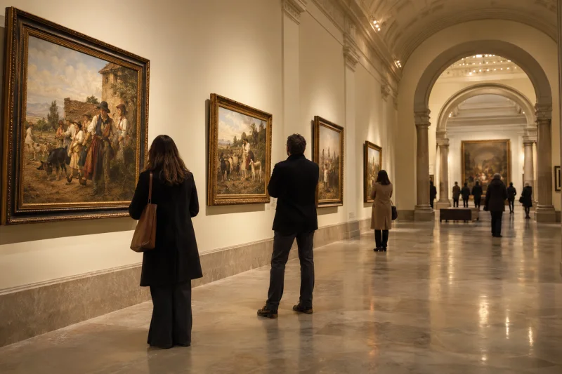 Visitantes contemplan cuadros en una galería de museo iluminada con luz cálida.