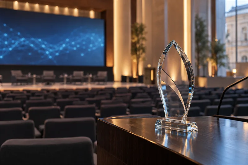 Trofeo de cristal sobre un atril ante un auditorio vacío, con una pantalla azul de datos al fondo.
