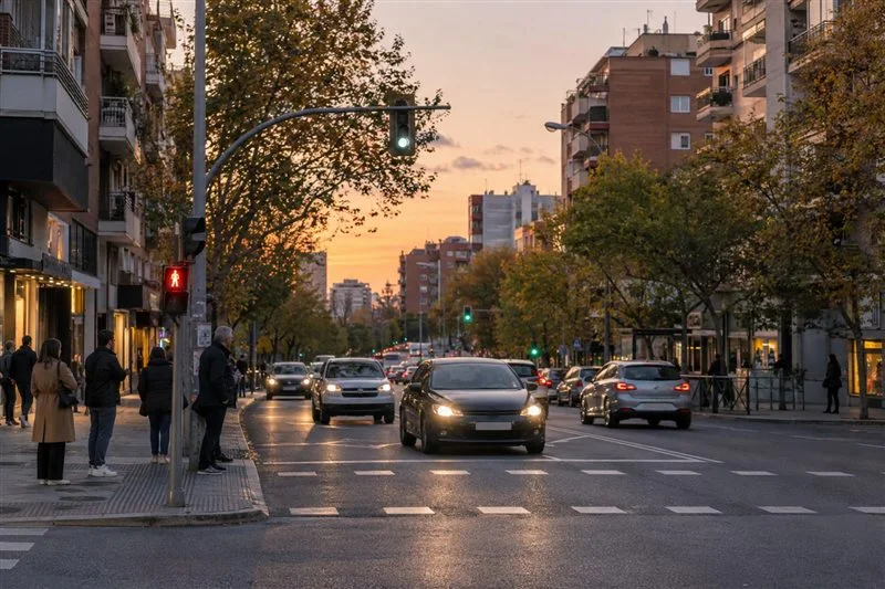 Avenida residencial de Madrid al atardecer, con coches ante un paso de peatones y personas en la acera