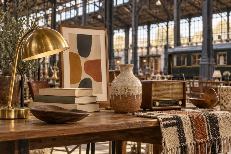 Mesa con una lámpara dorada, libros, un jarrón de cerámica, una radio y un tejido ante la estructura de hierro de una nave ferroviaria.