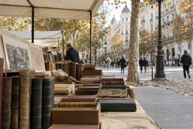Libros antiguos y grabados sobre una mesa bajo un toldo, con un paseo arbolado al fondo.