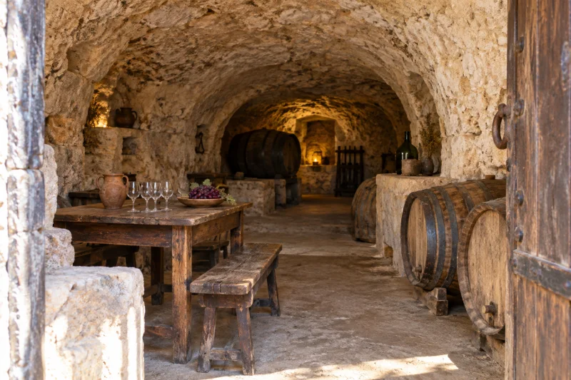 Interior de una cueva-bodega de piedra con toneles de madera, una mesa de cata con copas y un racimo de uvas.