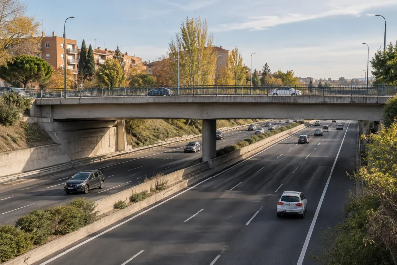 Puente urbano sobre una autovía, con edificios residenciales y tráfico en una mañana de otoño.