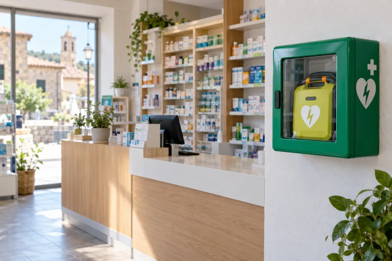 Interior representativo de una farmacia rural con un desfibrilador externo en un armario de pared.