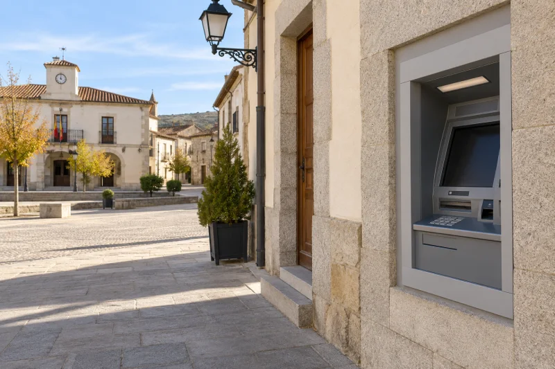 Cajero automático exterior integrado en la fachada de piedra de un edificio junto a una plaza rural.