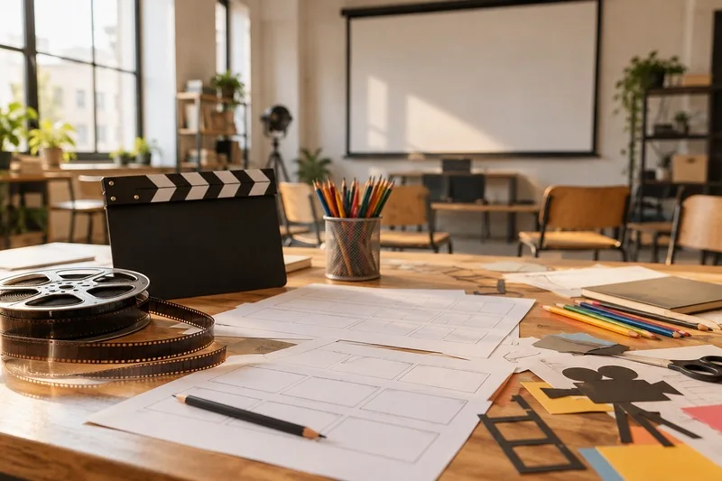 Rollo de película y hojas de storyboard sobre una mesa de taller audiovisual, con una pantalla de proyección vacía al fondo.