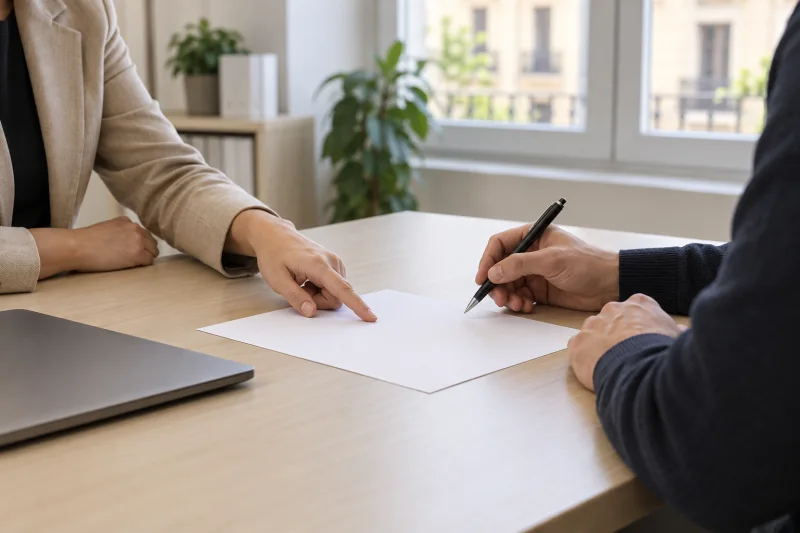 Dos personas revisan una hoja en blanco sobre una mesa de orientación laboral. Solo se ven sus manos y brazos.